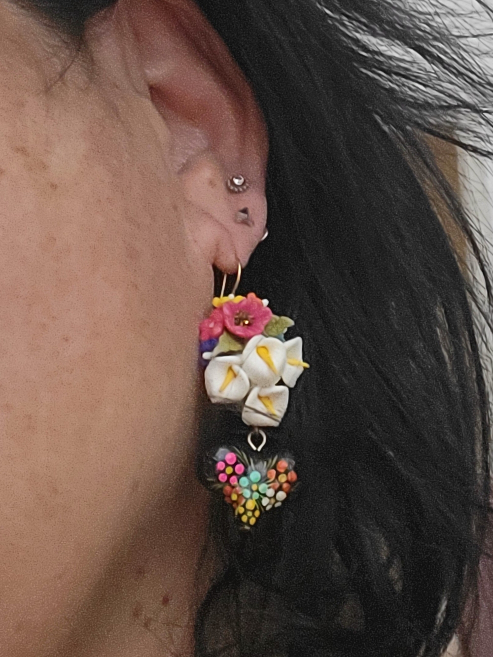 Mexican Handcrafted Polymer Clay Floral Heart Drop Earrings - Picture 6 of 6
